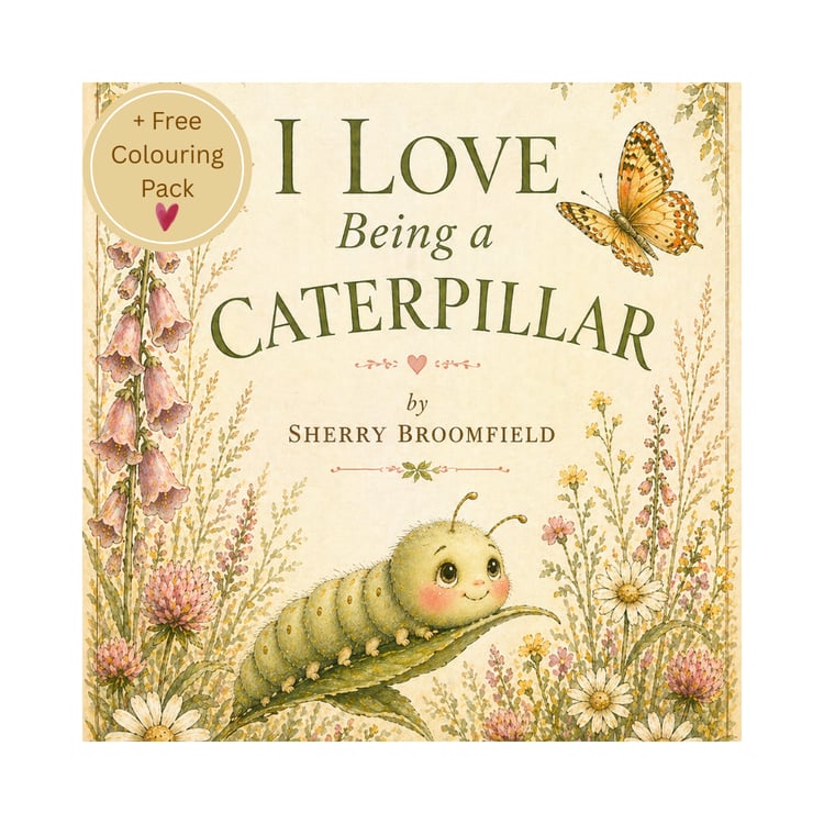 “Children’s ebook cover of I Love Being a Caterpillar showing a friendly caterpillar and butterfly in a soft meadow"