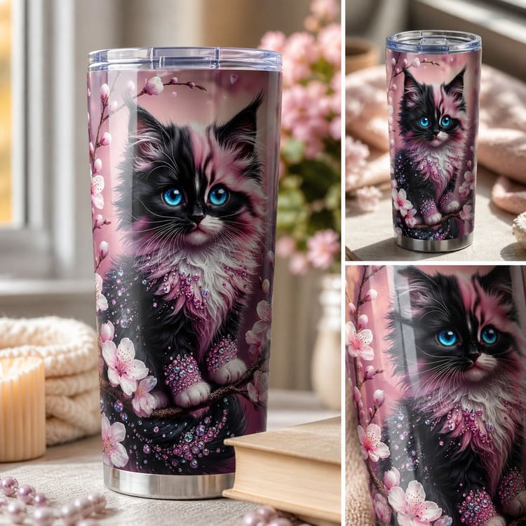 Kitten and Petals Tumbler – Cute Floral Cat Travel Cup