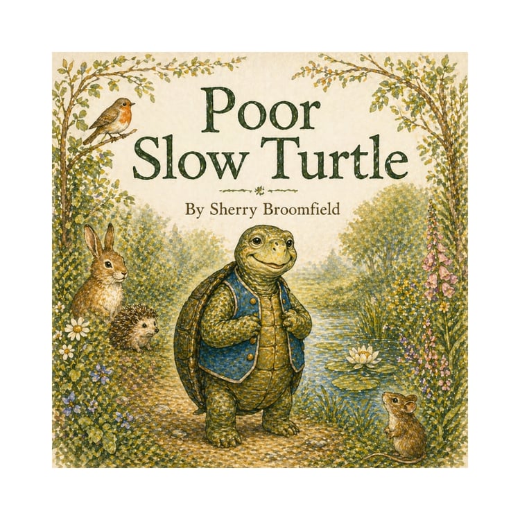 “A gentle olive-green turtle wearing a blue waistcoat stands by a peaceful woodland pond, illustrated in a soft vintage watercolor style.”