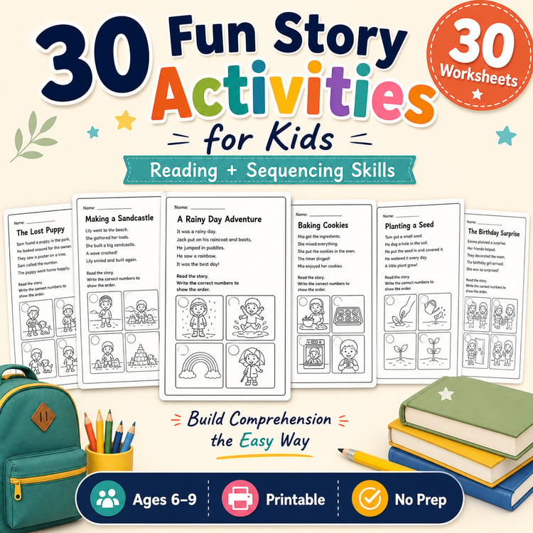 30 Fun Story-Based Activity Sheets for Kids (Ages 6–9) – Reading + Sequencing Skills