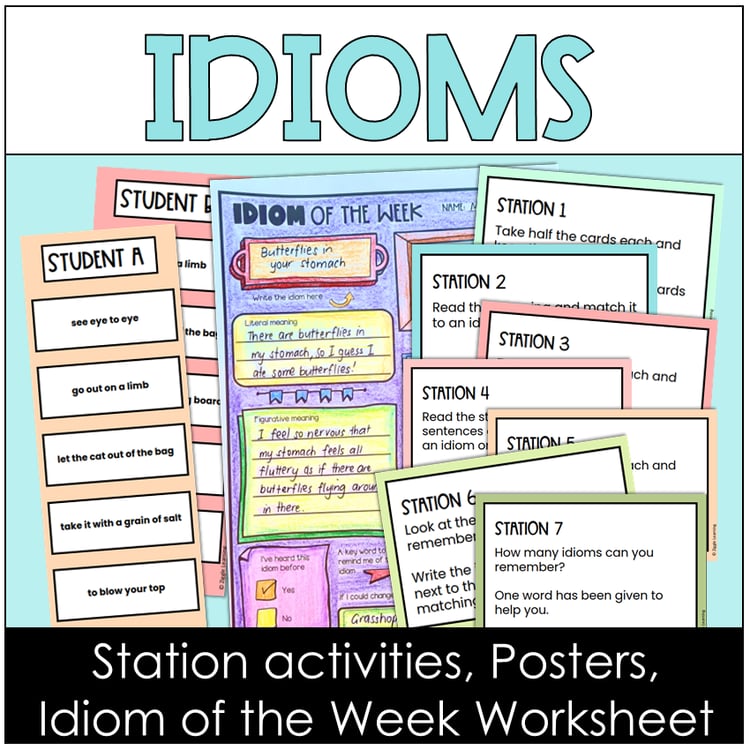 Station activities, posters, and idiom of the week worksheet
