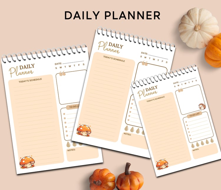 Cozy autumn daily planner pages with hedgehog and mushroom illustrations, arranged with pumpkins on a beige background, featuring sections for schedule, to‑do list, and notes