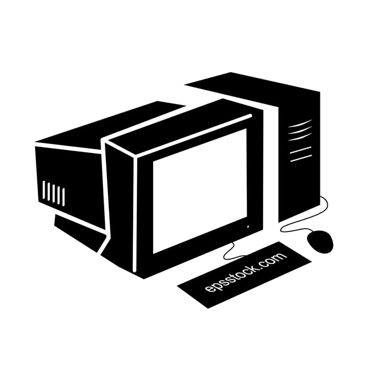 Old computer , black isolated vector silhouette