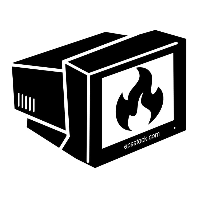 Burning computer monitor, black isolated vector silhouette