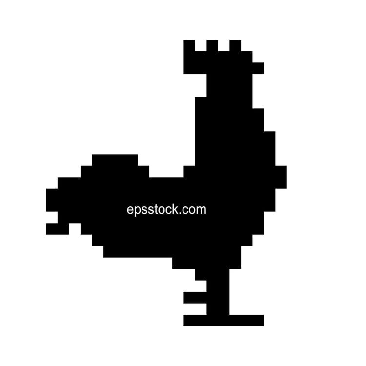 Pixel rooster symbol, black isolated vector silhouette