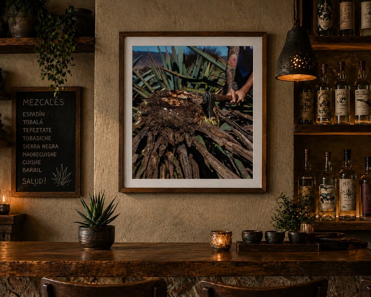 agave being cut with a machete , framed in a cantina
