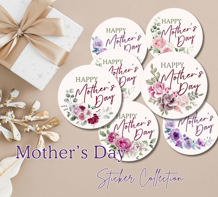White gift box with gold ribbon, displayed with multiple pastel floral “HAPPY Mother’s Day” stickers labeled as a sticker collection.