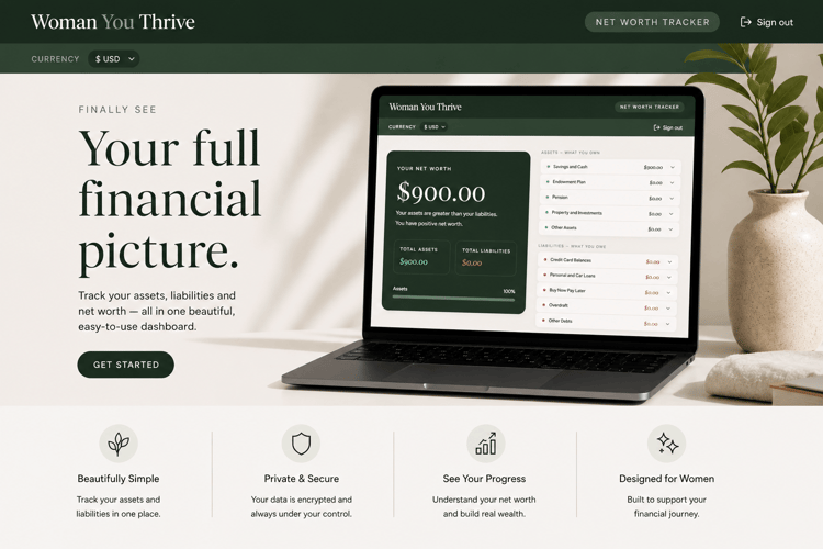 Woman You Thrive Net Worth Tracker app showing net worth dashboard on laptop with total assets liabilities and category breakdown