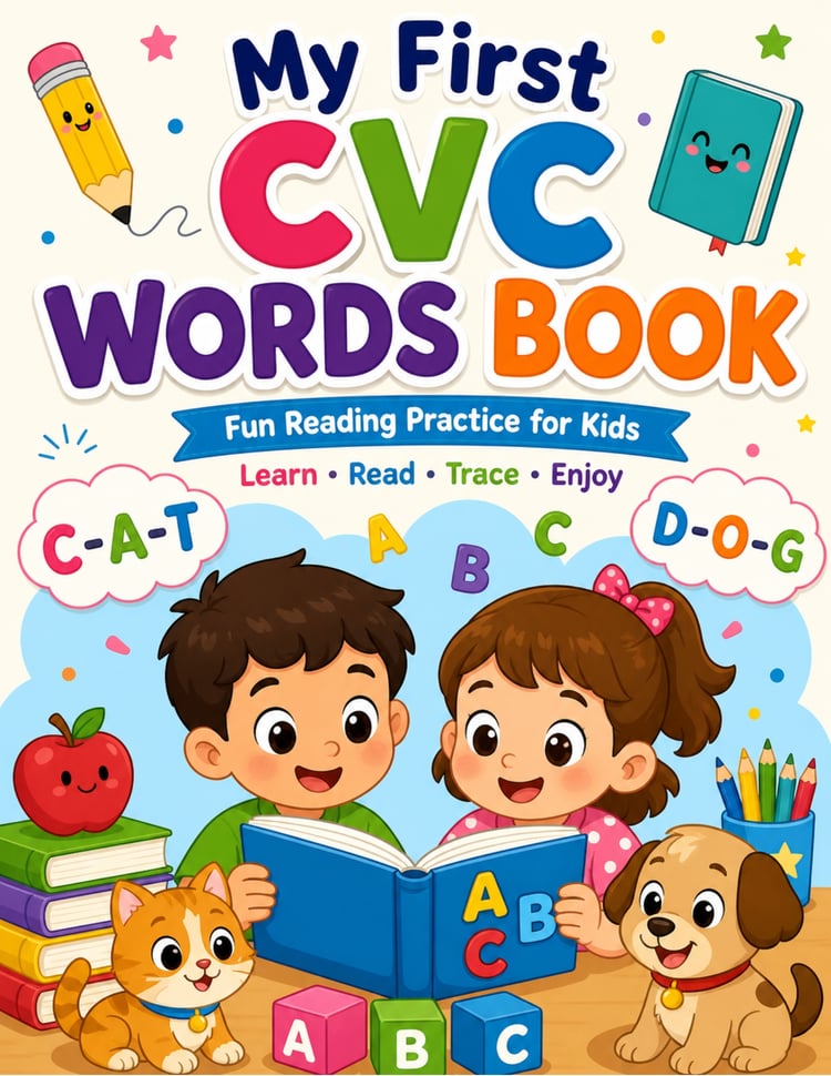 Children reading a book with colorful letters, titled “My First CVC Words Book,” designed for kids learning early reading and phonics
