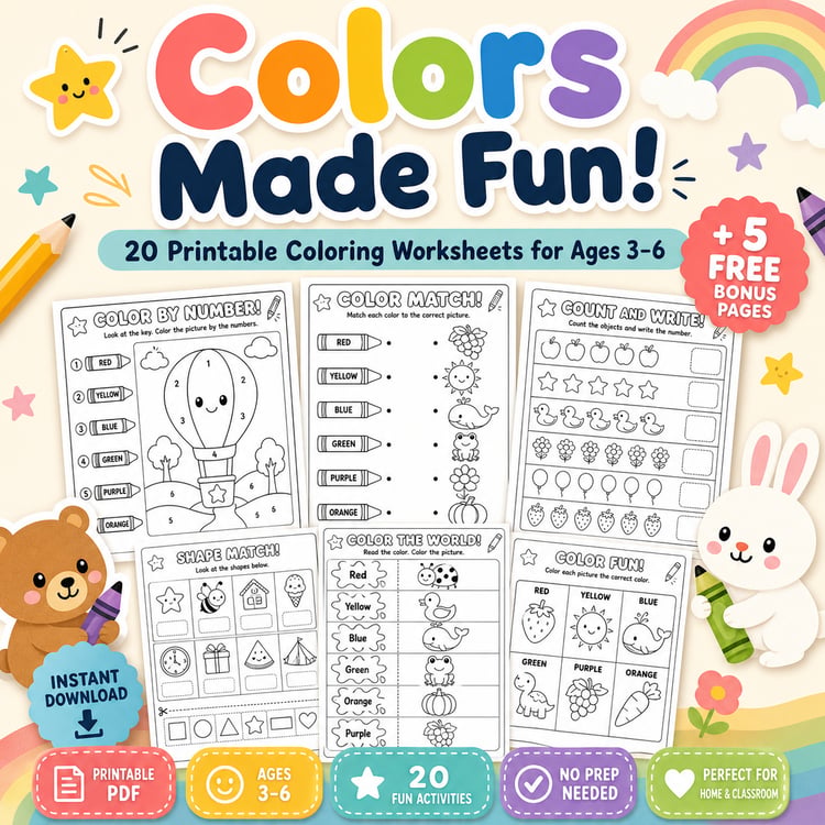 Colors Made Fun! 20 Printable Coloring Worksheets for Ages 3–6