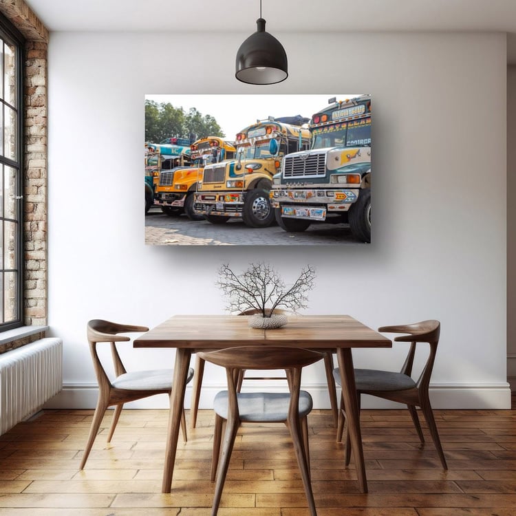 A large horizontal art print showing colorful Guatemalan buses hangs on a white wall above a modern wooden dining table and chairs in a sunlit room.
