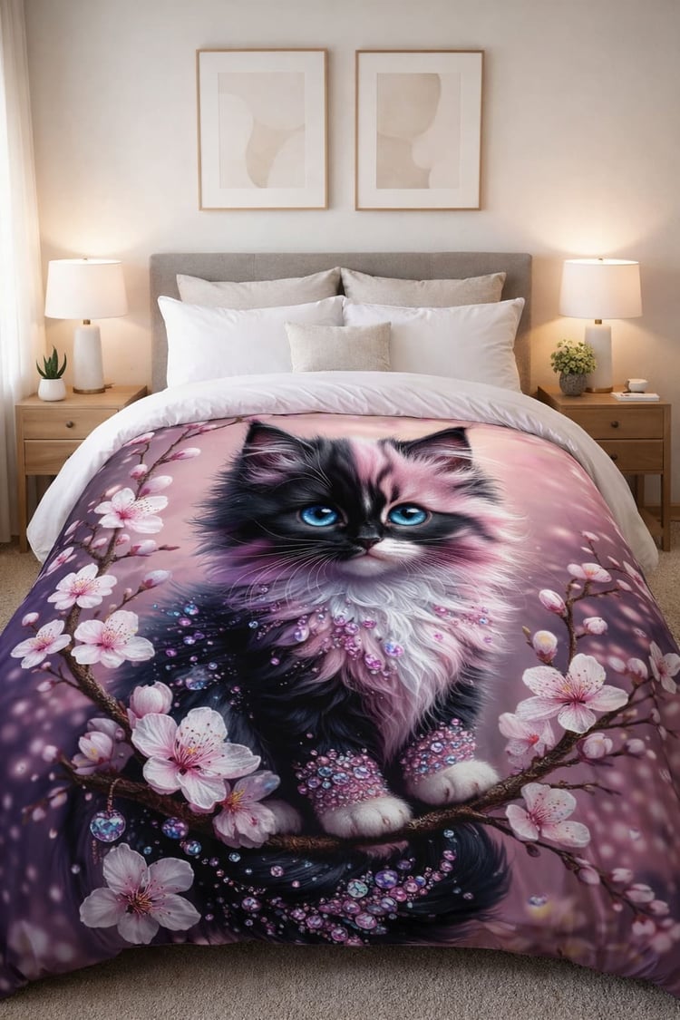 Kitten and Petals Duvet – Aesthetic Cat Bedroom Decor