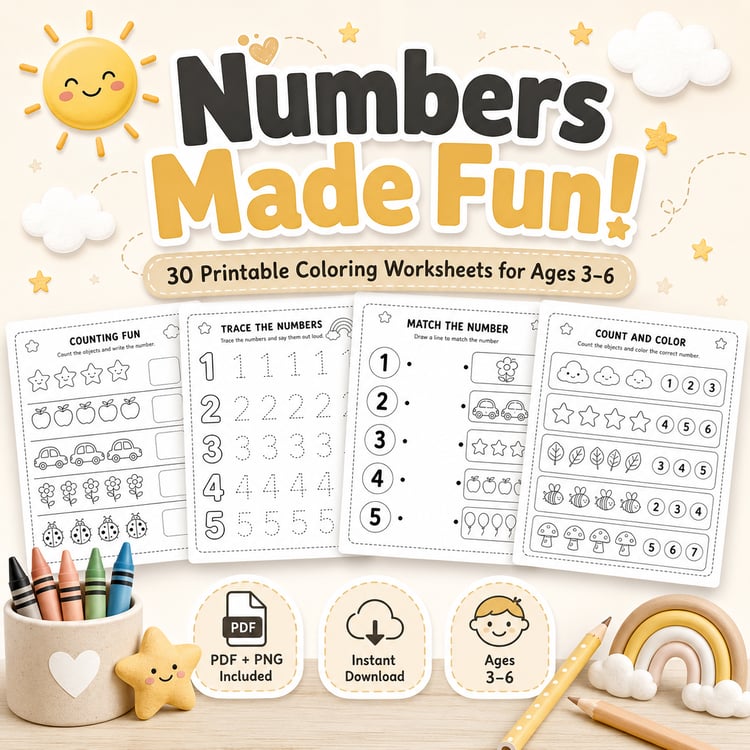 Numbers Made Fun! 20 Printable Coloring Worksheets for Ages 3–6