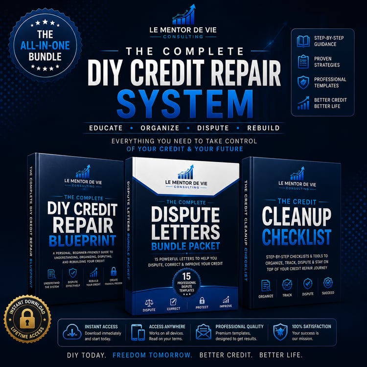 The Complete DIY Credit Repair System bundle featuring a credit repair blueprint, dispute letter templates, and credit cleanup checklist designed to help consumers dispute inaccuracies, organize credit repairs, and rebuild credit strategically.