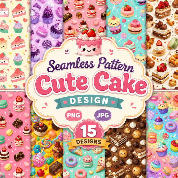 Cute cake seamless pattern bundle with pastel dessert designs
