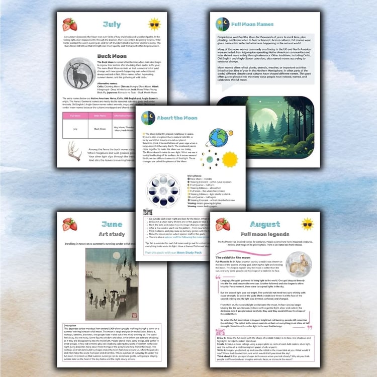 Preview pages from the Summer Moons Pack showing full moon names, summer crafts, folklore, festivals, art study and nature journalling activities | Dartmoor Kin