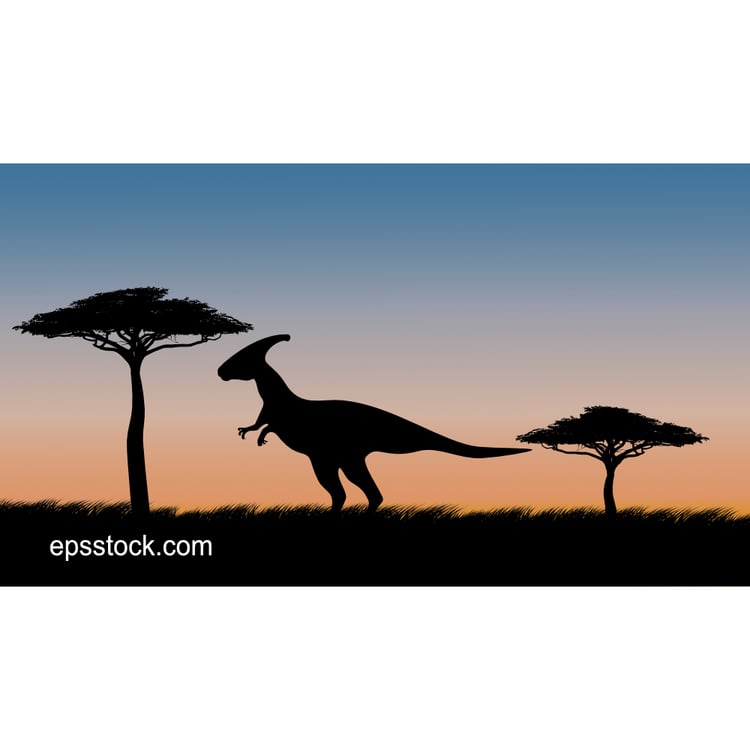 Saurolophus on safari at sunset, color vector illustration