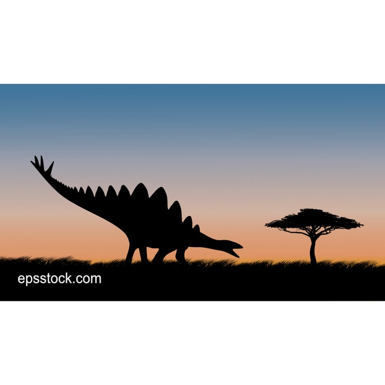 Stegosaurus on safari at sunset, color vector illustration