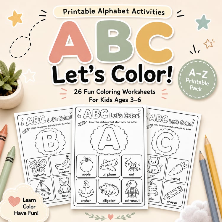 ABC Let’s Color! Printable Alphabet Coloring Worksheets for Kids Ages 3–6 | Learn Letters A–Z the Fun Way