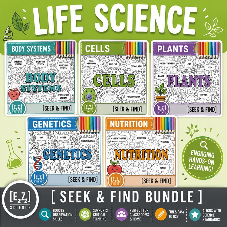 Life Science Vocabulary Search Activity Bundle | Seek and Find Science Doodle