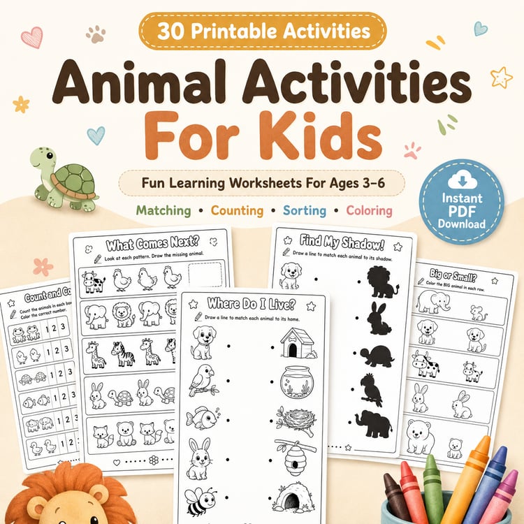 Animal Activities for Kids Ages 3–6 | 30 Printable Worksheets PDF + PNG Bundle