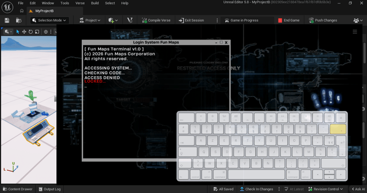 Futuristic CMD-style login interface in Fortnite UEFN with password input system