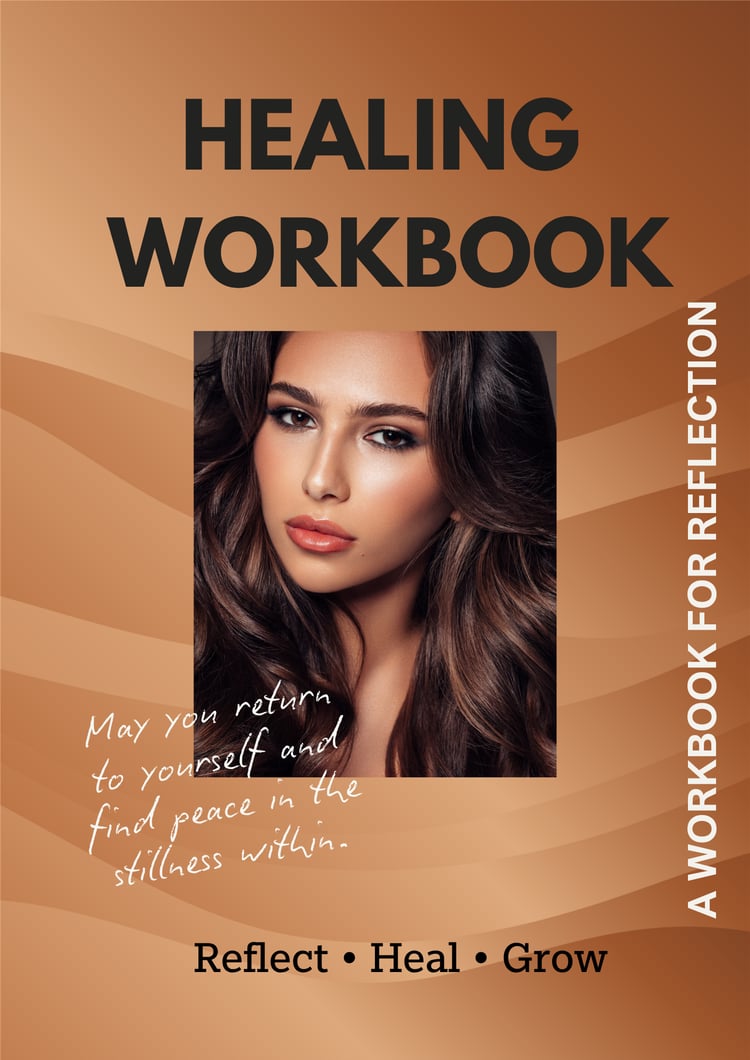 Minimal aesthetic healing journal workbook cover in warm brown tones with self-reflection and wellness theme.