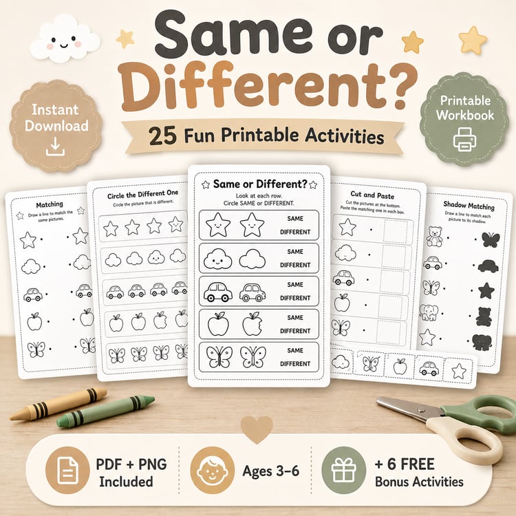 Same or Different? – 25 Fun Printable Activities for Kids Ages 3–6 | PDF + PNG Bundle + 6 FREE Bonus Activities