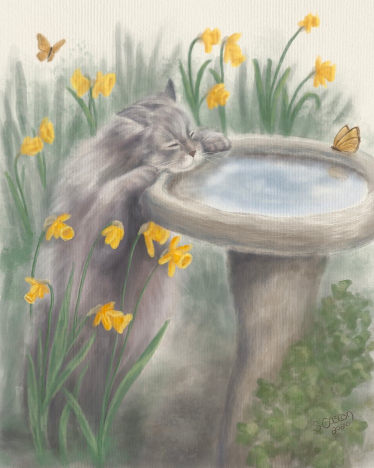 Gray cat in spring garden with daffodils and butterflies