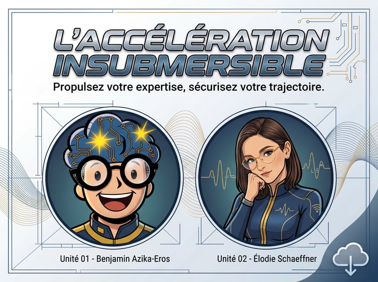 GMIND-BOY aka Benjamin Azika-Eros et Elodie Schaeffner analysant le fossé entre la théorie et l'exécution dans l'accompagnement "Accélération INsubmersible", illustrant le besoin d'une tour de contrôle pour décoller et structurer son business pendant 30 j