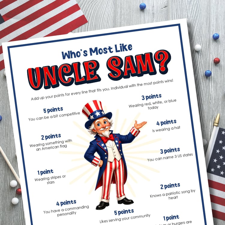 Printable Whos Most Like Uncle Sam 4th of July game printable on table