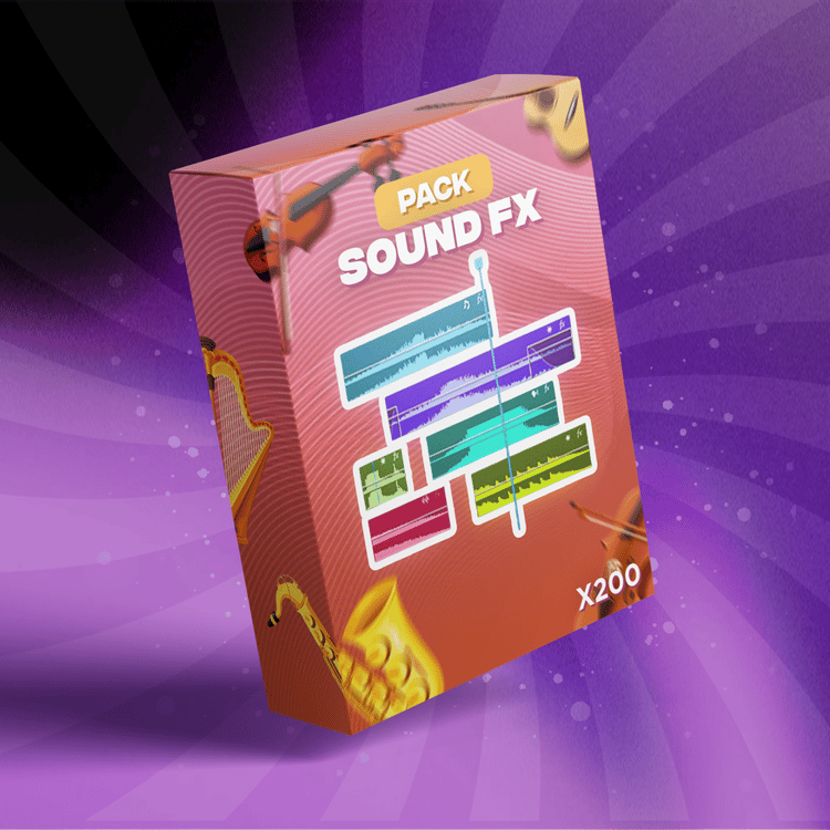 Illustration sur fond violet présentant une boîte du pack d'effets sonores, avec différentes bandes de sons de couleurs représentant les +200 effets sonores variés pensés pour les monteurs