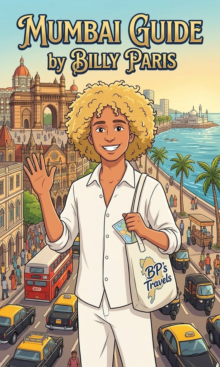 Illustration of world explorer Billy Paris in all-white clothing waving at the camera on the Mumbai beachfront near Churchgate. The cover image shows an atmospheric Indian scenario with a vintage black-and-yellow taxi, the Arabian Sea, and a historical Gothic-style Churchgate building under warm golden hour light. The art style is a detailed, retro-travel-poster illustration with the title 'Mumbai Guide by Billy Paris.'