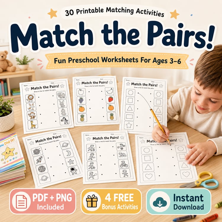 30 Fun Printable Matching Activities for Kids Ages 3–6 | PDF + PNG Bundle + 4 FREE Bonus Activities