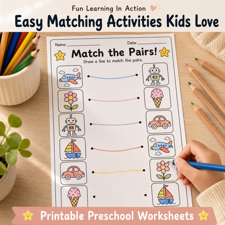 30 Fun Printable Matching Activities for Kids Ages 3–6 | PDF + PNG Bundle + 4 FREE Bonus Activities