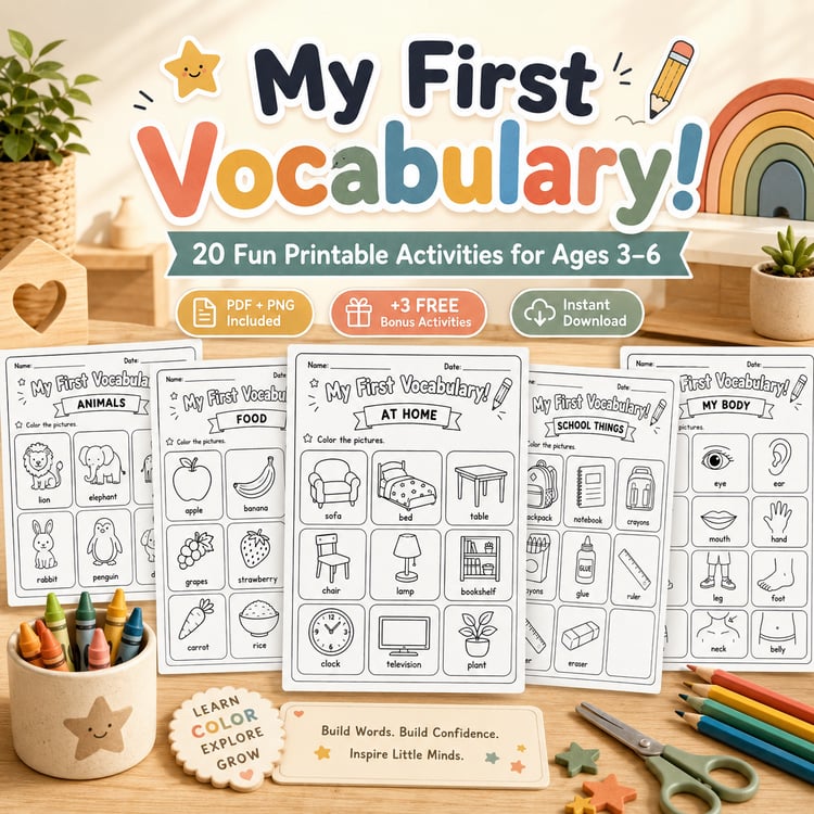 My First Vocabulary! 20 Fun Printable Activities for Kids Ages 3–6 | PDF + PNG Bundle + 3 FREE Bonus Pages