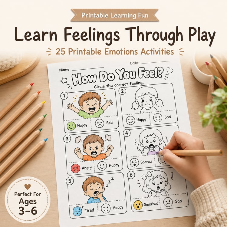 Emotions Made Easy! – 25 Printable Feelings Activities for Kids Ages 3–6 | PDF + PNG Bundle + 2 FREE Bonus Activities