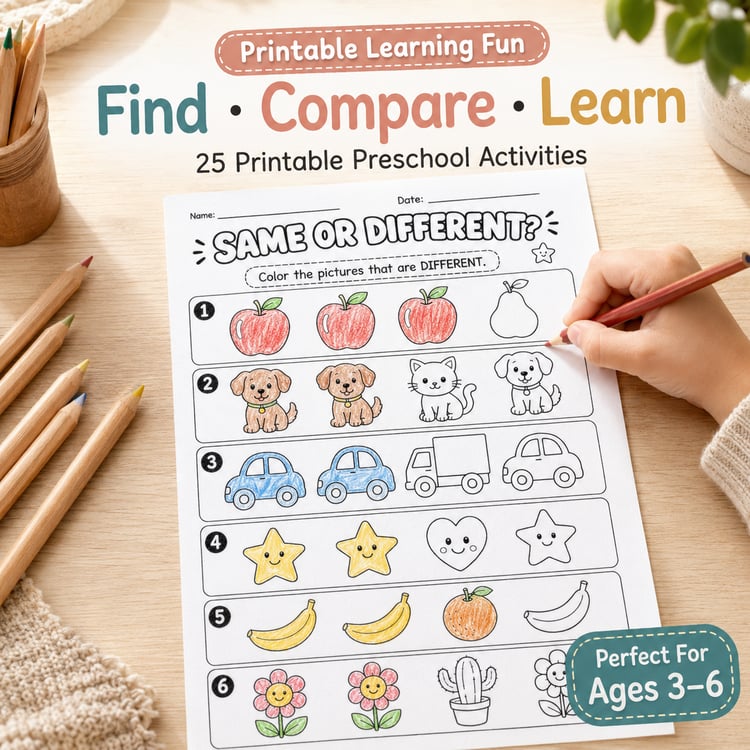 Same or Different? – 25 Fun Printable Activities for Kids Ages 3–6 | PDF + PNG Bundle + 6 FREE Bonus Activities