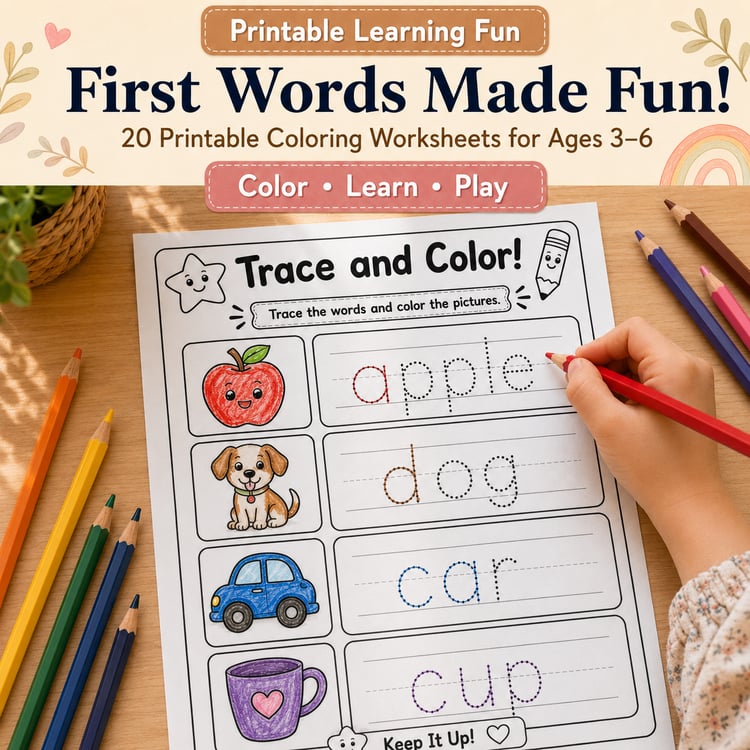 First Words Made Fun! 20 Printable Coloring Worksheets for Ages 3–6