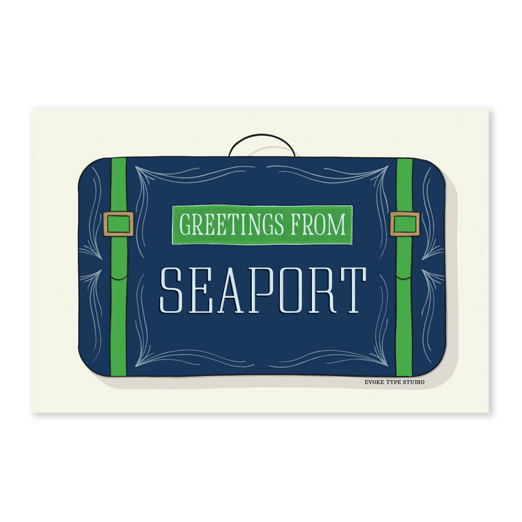 A postcard of a vintage style suitcase with the words “Greetings from Seaport" drawn in unique lettering styles. Artwork has a blue and green color scheme