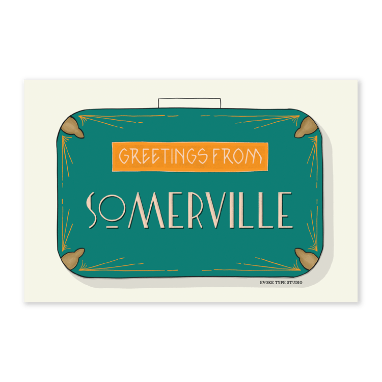 A postcard of a vintage style suitcase with the words “Greetings from Somerville" drawn in unique lettering styles. Artwork has a blue and orange color scheme