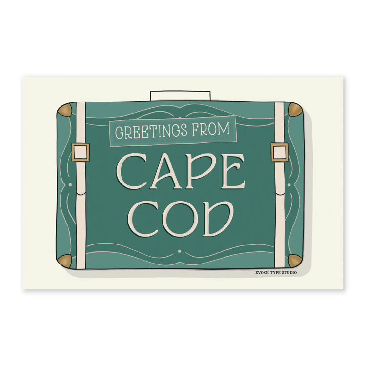 A postcard of a vintage style suitcase with the words “Greetings from Cape Cod" drawn in unique lettering styles. Artwork has a green and white color scheme