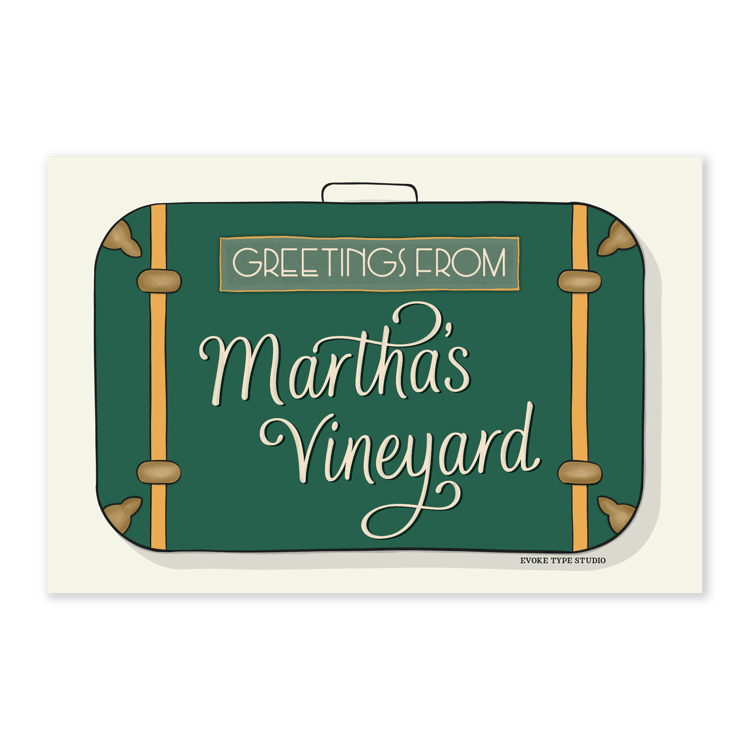 A postcard of a vintage style suitcase with the words “Greetings from Martha's Vineyard" drawn in unique lettering styles. Artwork has a green and yellow color scheme