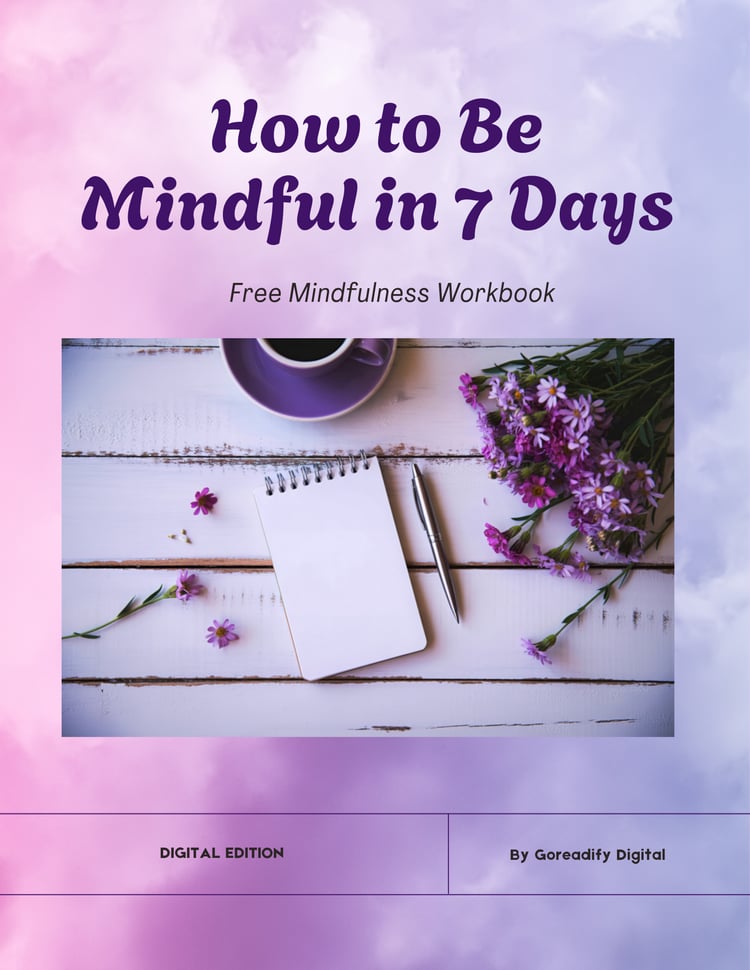 Aesthetic purple mindfulness workbook cover featuring flowers, a notebook, and calming self-care theme.