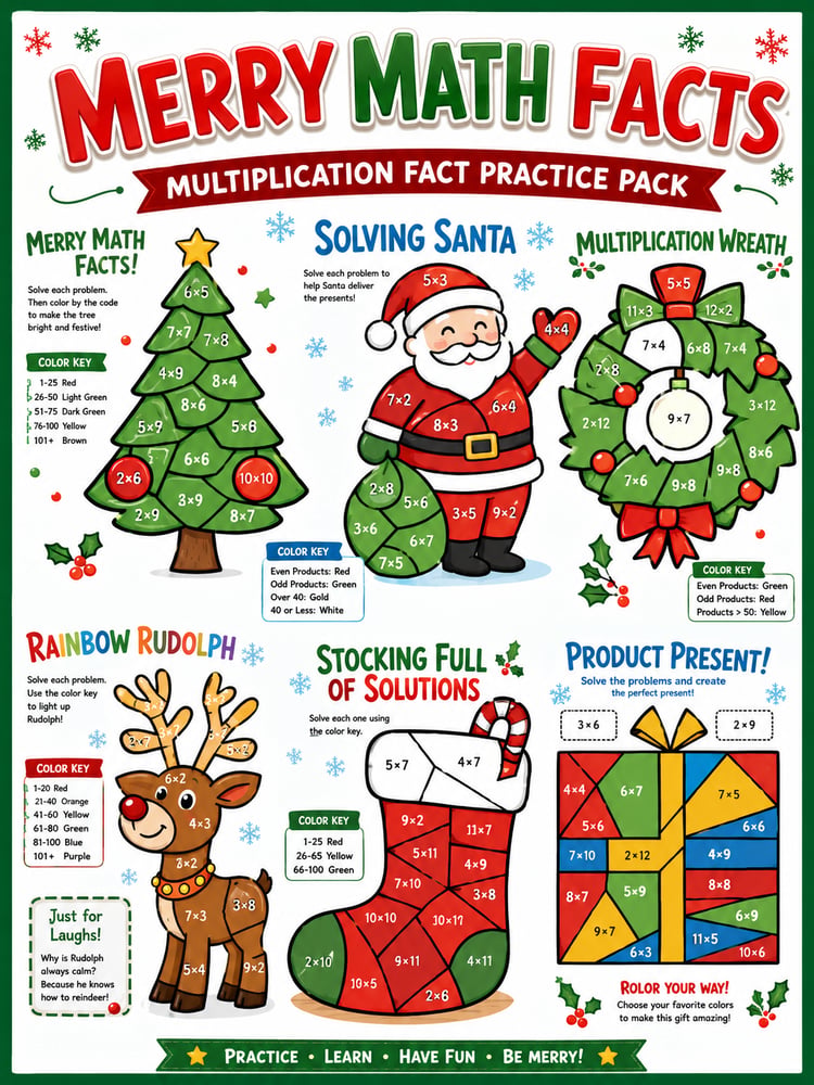 Merry Multiplication Facts-Color By Number Pack-Fun!!