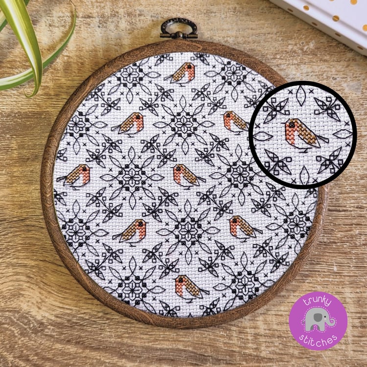 British Robin blackwork embroidery design stitched on aida and framed in a round hoop