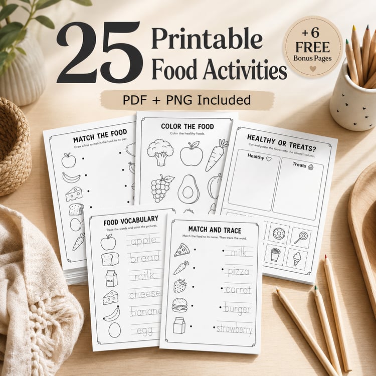 Yummy Food Words – 25 Printable Food Activities for Kids Ages 3–6 | PDF + PNG Bundle + 6 FREE Bonus Pages