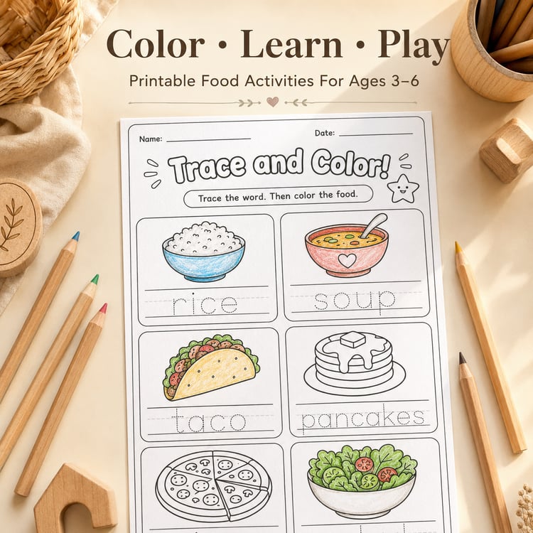 Yummy Food Words – 25 Printable Food Activities for Kids Ages 3–6 | PDF + PNG Bundle + 6 FREE Bonus Pages