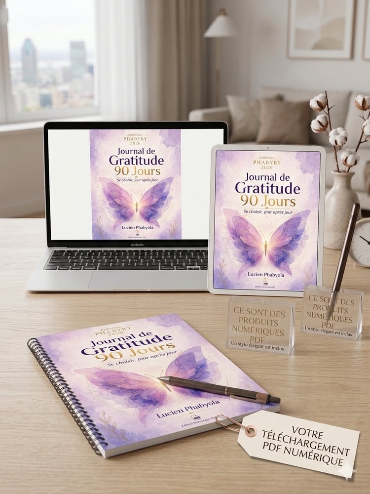 Aperçu du Journal de Gratitude Édition Numérique PDF par Lucien Phabyola. Limage montre le design élégant avec un papillon et le titre "90 Jours : Se choisir, jour après jour". Un petit mot rappelle quil sagit dun téléchargement PDF numérique pour vot