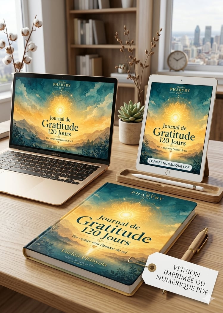 Couverture du Journal de Gratitude 120 Jours "Ton voyage vers lamour de soi" par Lucien Phabyola. Design élégant et apaisant de la Collection PHABYBY. Image montrant le format numérique PDF idéal pour une pratique quotidienne sur tablette ou à imprimer.